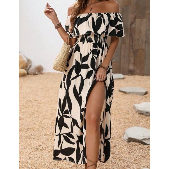 Thigh slit leaf print sleeveless off the shoulder boho ruffle maxi dress cream - Picture 1 of 10